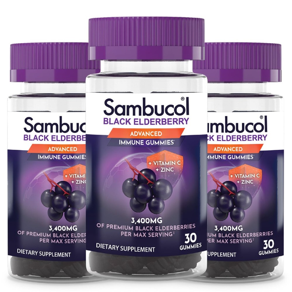 Sambucol Black Elderberry Gummies - Elderberry with Zinc and Vitamin C for Adults, Sambucus Elderberry Gummies, Immune Support Gummies - 30 Count, 3 Pack