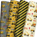 ZINTBIAL Construction Vehicle Wrapping Paper for Kids Birthday - Excavators, Bulldozers, Dump Trucks and Happy Birthday Words Designs - 20 x 29 Inches, 8 Folded Sheets, Easy to Store