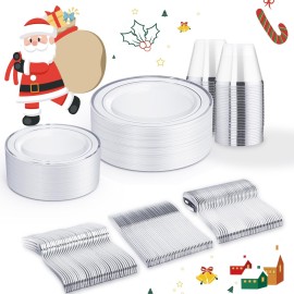 150 PCS Silver Disposable Dinnerware Set for 25 Guests, Silver Plastic Plates for Party, Including 25 Dinner Plates, 25 Salad Plates, 25 Cups, 25 Forks Knives Spoons for Wedding and Party Supplies