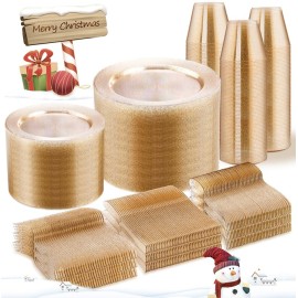 WELLIFE 600 PCS Gold Glitter Disposable Dinnerware Set for 100 Guests, Plastic Plates for Party, Including 100 Dinner Plates, 100 Salad Plates,Cups,Silverware Set for Wedding and Party Supplies