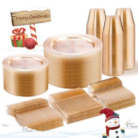 WELLIFE 450 PCS Gold Glitter Disposable Dinnerware Set for 75 Guests, Plastic Plates for Party, Including 75 Dinner & Salad Plates, Cups, Forks Knives Spoons for Wedding and Party Supplies