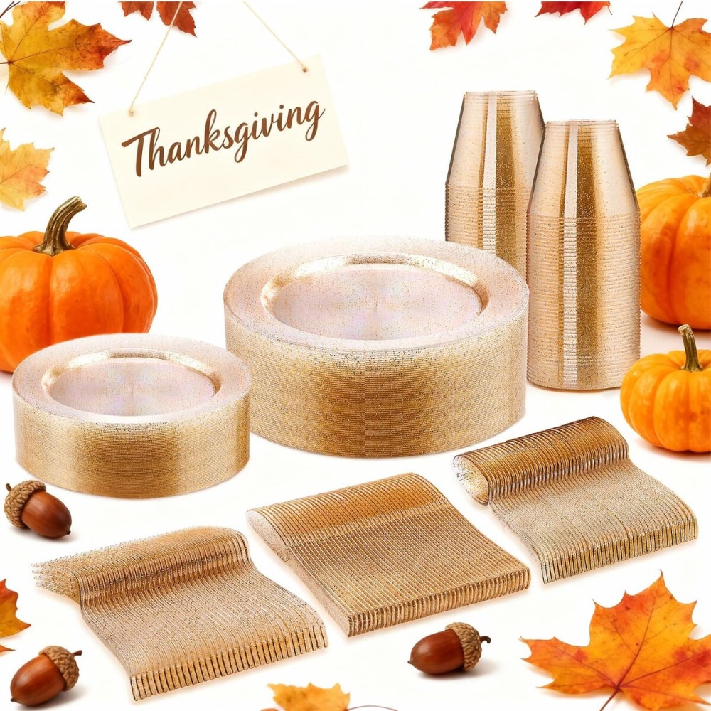 150 PCS Gold Glitter Disposable Dinnerware Set for 25 Guests, Plastic Plates for Party, Including 25 Dinner Plates, 25 Salad Plates, 25 Cups, 25 Forks Knives Spoons for Wedding and Party Supplies