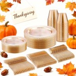 150 PCS Gold Glitter Disposable Dinnerware Set for 25 Guests, Plastic Plates for Party, Including 25 Dinner Plates, 25 Salad Plates, 25 Cups, 25 Forks Knives Spoons for Wedding and Party Supplies