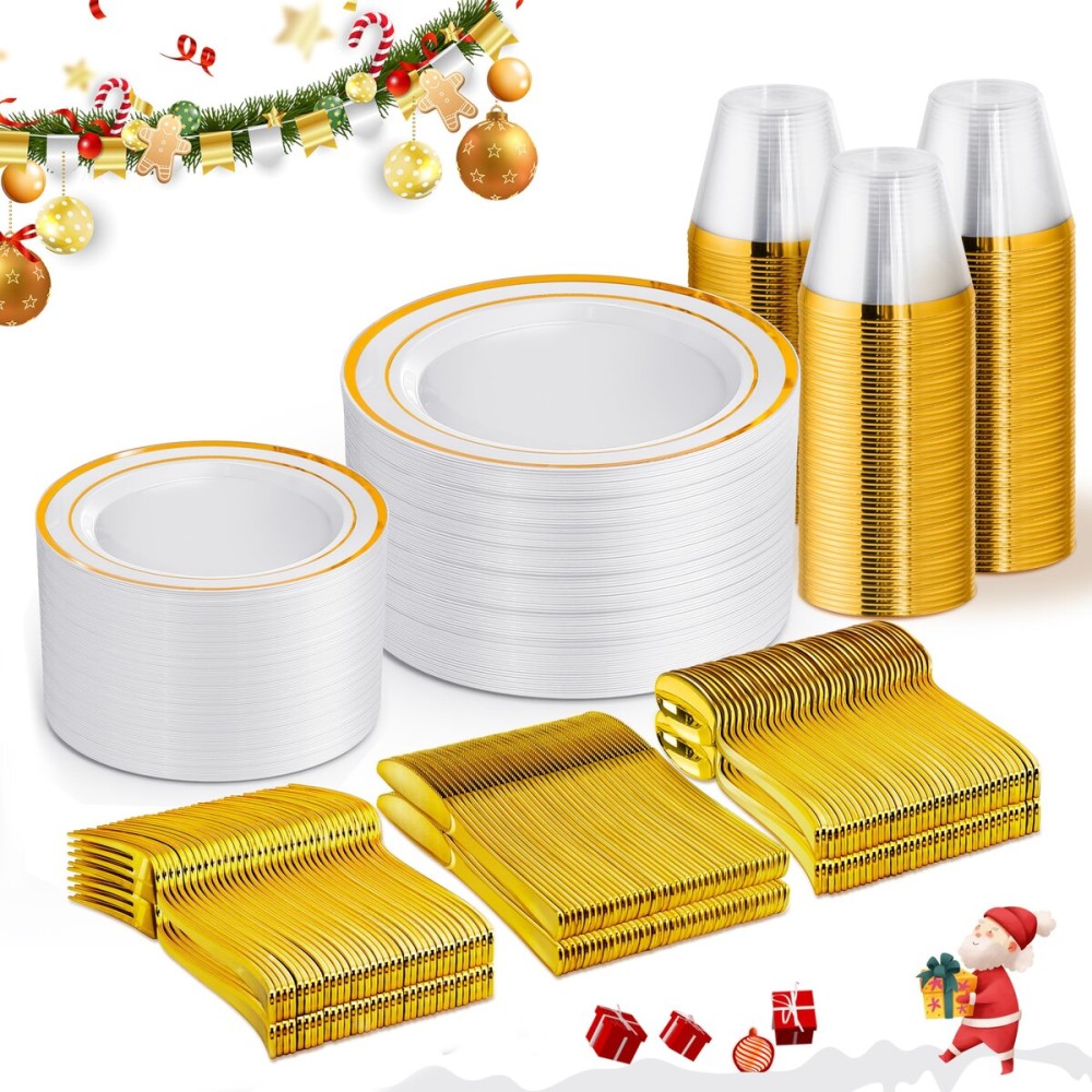 WELLIFE 450 PCS Gold Disposable Dinnerware Set for 75 Guests, 75 Each-Dinner & Salad Plates,Cups, Forks, Knives, Spoons for Wedding and Party Supplies