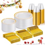 WELLIFE 450 PCS Gold Disposable Dinnerware Set for 75 Guests, 75 Each-Dinner & Salad Plates,Cups, Forks, Knives, Spoons for Wedding and Party Supplies