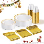 150 PCS Gold Disposable Dinnerware Set for 25 Guests, Gold and White Plastic Plates for Party, 25 Dinner & Salad Plates, 25 Cups, 25 Forks Knives Spoons for Wedding and Party Supplies