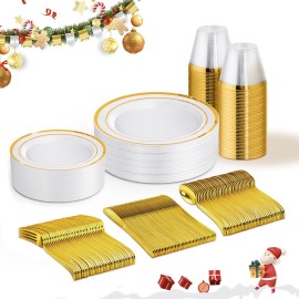150 PCS Gold Disposable Dinnerware Set for 25 Guests, Gold and White Plastic Plates for Party, 25 Dinner & Salad Plates, 25 Cups, 25 Forks Knives Spoons for Wedding and Party Supplies