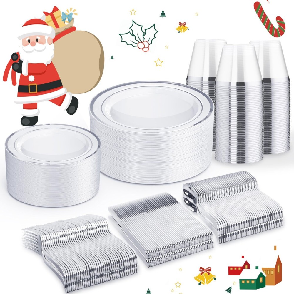 WELLIFE 300 PCS Silver Dinnerware Set for 50 Guests, Silver Plastic Disposable Plates for Party, 50 Dinner Plates, 50 Salad Plates, 50 Cups Forks Knives Spoons for Wedding and Party Anniversary
