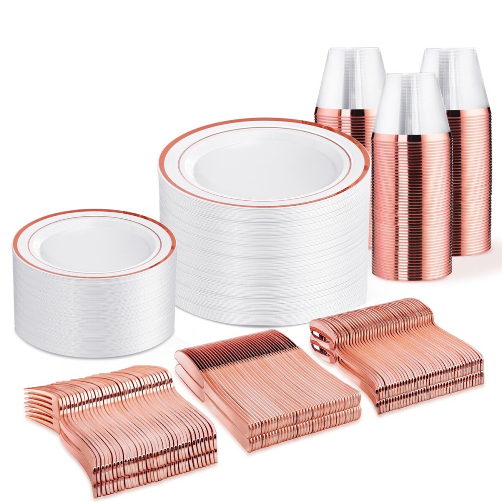 WELLIFE 450 PCS Rose Gold Disposable Dinnerware Set for 75 Guests, Mothers Day Plates, 75 Dinner & Salad Plate, Cups, Forks Knives Spoons for Wedding Reception and Valentine\'s Day