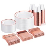 WELLIFE 450 PCS Rose Gold Disposable Dinnerware Set for 75 Guests, Mothers Day Plates, 75 Dinner & Salad Plate, Cups, Forks Knives Spoons for Wedding Reception and Valentine\'s Day