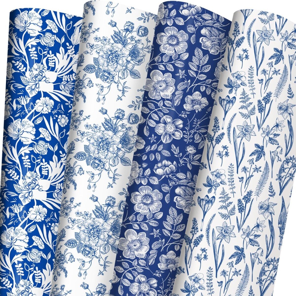 ZINTBIAL Blue White Floral Wrapping Paper for Women, Girls - Gift Wrap With Flowers and Plants for Birthday Wedding Bridal Shower - 20 x 29 Inches, 8 Folded Sheets, Easy to Store
