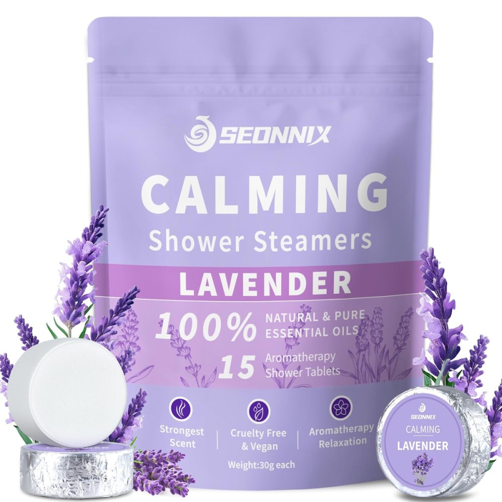 SEONNIX Shower Steamers Aromatherapy 15 Pack, Stress Relief & Self Care - Lavender Shower Bombs with Natural Essential Oil, Home Spa Shower Travel Essentials, Relaxation Birthday Gifts for Women & Men