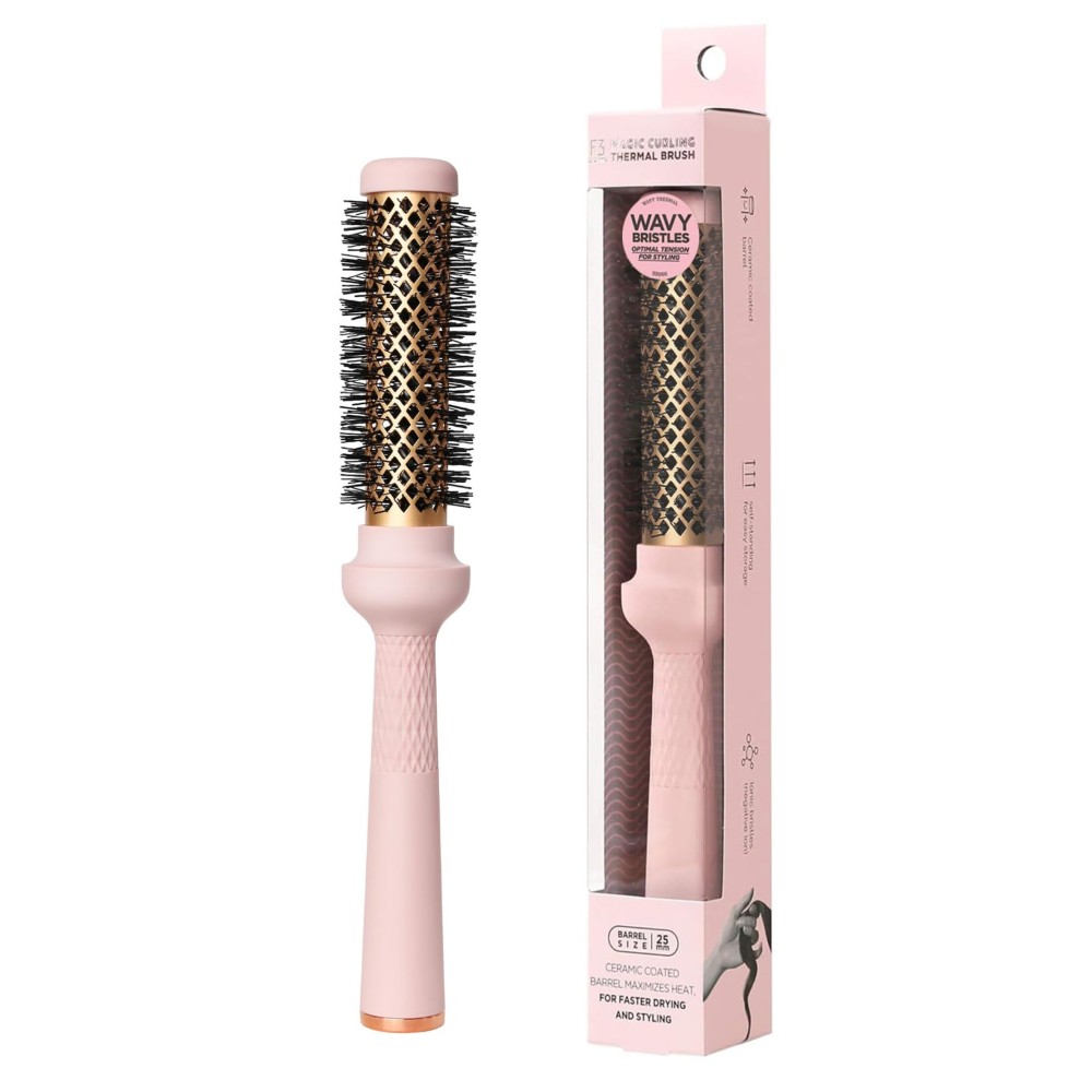 F3 systems, Magic Curling Round Brush (Wavy 1 Inch), Non-electronic, Self-Standing Round Quick Styling Brush, Great Blowout, Ceramic Coated/Ionic Thermal Barrel, Blowout Volume, Wave Styler