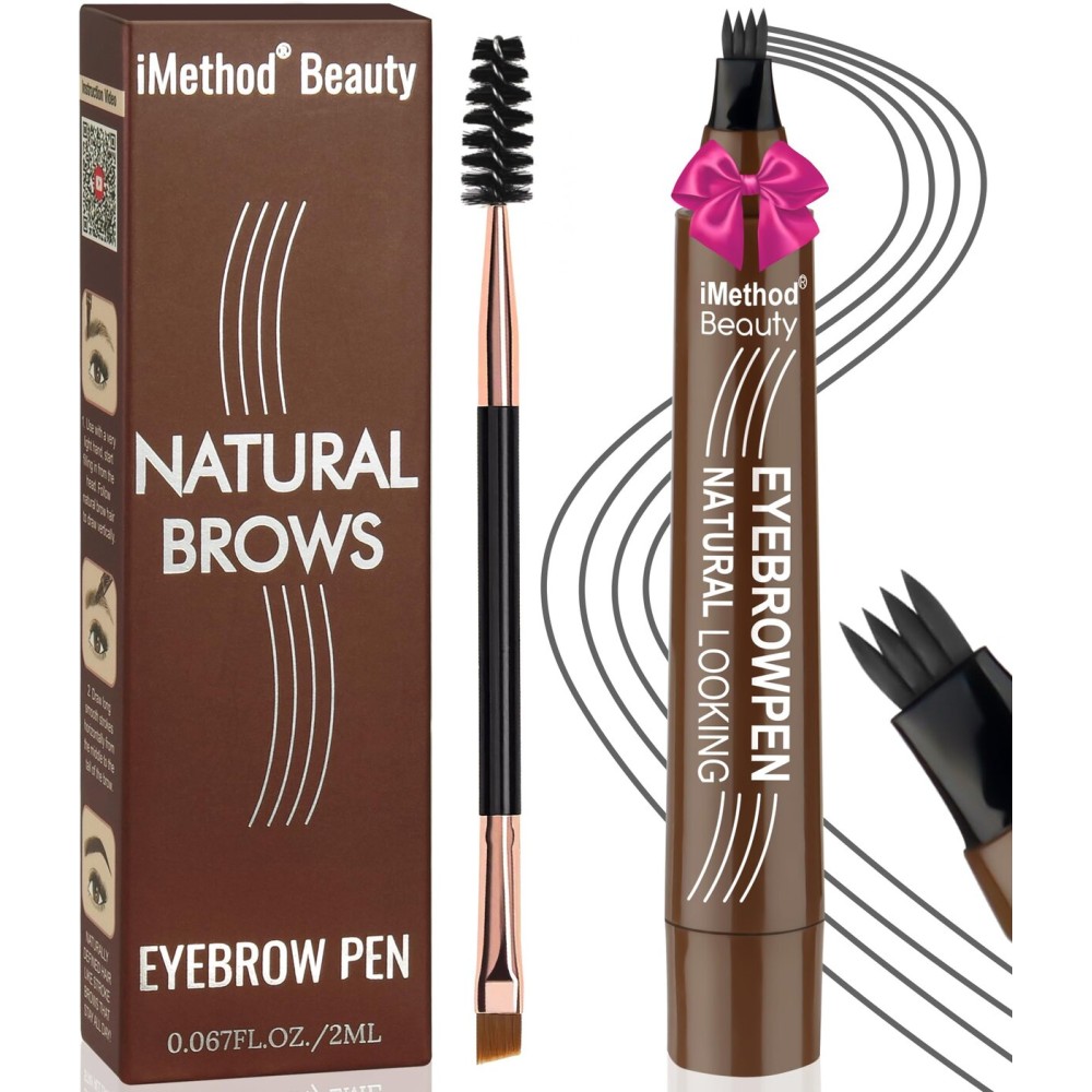 iMethod Eyebrow Pen - Eyebrow Pencil Magical Upgraded Eye Brow Pencils for Women with 4 Fork Tip & Spoolie Brush for Hair-Like Defined Natural Brows, Last All-Day, Microblading Eyebrow Pen, Dark Grey