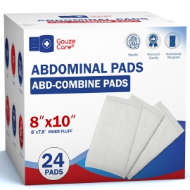 GauzeCare Sterile Abdominal- ABD Combine Pads| 24-Pack, 8x10 Inches| Extra Absorbent & Thick, Individually Wrapped Wound Dressing, First Aid Pads| Surgical-Grade, Nonstick- for Heavy Leakage, Post Op