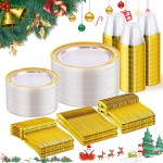 WELLIFE 450 PCS Clear Gold Disposable Dinnerware Set for 75 Guests, Clear and Gold Plastic Plates for Party, 75 Dinner & Salad Plates, Cups, Spoons Forks Knives for Wedding and Party Anniversary