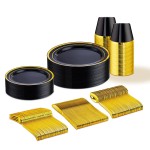 WELLIFE 150 PCS Black and Gold Disposable Dinnerware Set, Plastic Plates for Party, Including 25 Dinner Salad Plates, Cups, Forks Knives Spoons for Halloween and Party Supplies