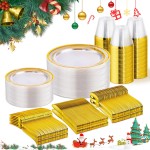 WELLIFE 300 PCS Clear Gold Dinnerware Set for 50 Guests, Clear and Gold Plastic Plates for Party, 50 Dinner Plates, 50 Salad Plates, 50 Cups Forks Knives Spoons for Wedding and Party Supplies