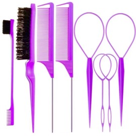 ZVOREI 8Pcs Hair Brushes Set with 4Pcs Topsy Hair Tail Tools 1Pcs Bristle Teasing Hair Brush 1Pcs Edge Control Brush 2Pcs Metal Pin Rat Tail Combs for Woman Girl Hair Styling,Edge&Back Brushing purple