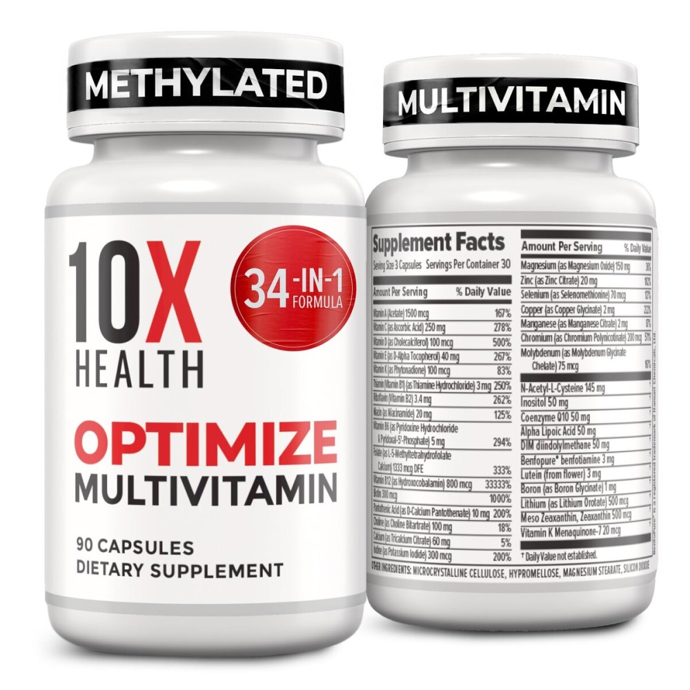 10X Health Optimize Multivitamin for Men - 90 Capsules, Methylated Multivitamin 34 in 1 Formula with 800 mcg of Vitamin B12, 5-MTHF, NAC - Methyl B Complex