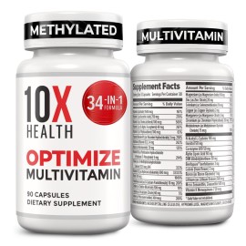 10X Health Optimize Multivitamin for Men - 90 Capsules, Methylated Multivitamin 34 in 1 Formula with 800 mcg of Vitamin B12, 5-MTHF, NAC - Methyl B Complex