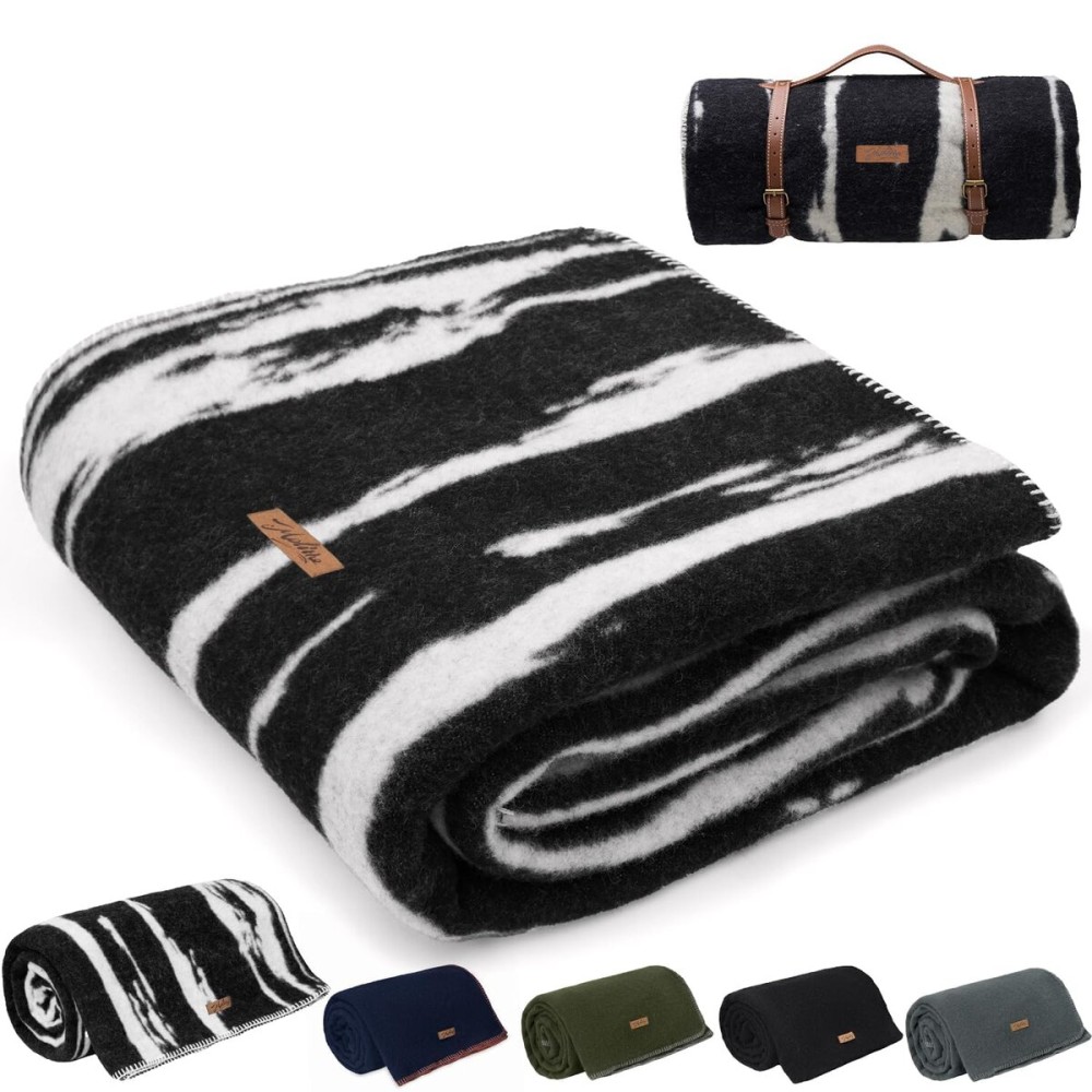 Molithe 100% Wool Blanket, 48 x 62, Warm, Thick, Washable, Military Wool Blanket, Great for Camping, Outdoors, Sporting Events, Survival Kits,Black White Striped