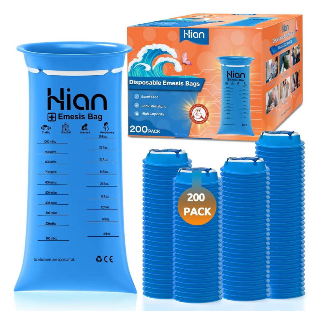 Hion Vomit Bags Disposable - 200 Pack 1000ml Emesis Bags - Leak Resistant, Medical Grade, Portable - Perfect for Motion, Car & Aircraft Sickness, Pregnant Women
