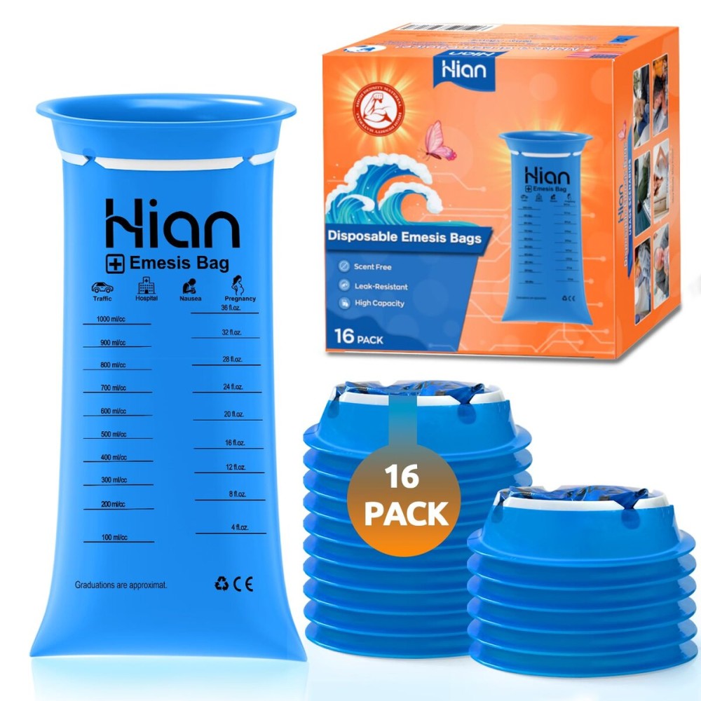 Hion Vomit Bags Disposable - 16 Pack 1000ml Emesis Bags - Leak Resistant, Medical Grade, Portable - Perfect for Motion, Car & Aircraft Sickness, Pregnant Women