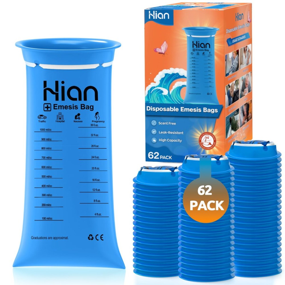 Hion Vomit Bags Disposable - 62 Pack 1000ml Emesis Bags - Leak Resistant, Medical Grade, Portable - Perfect for Motion, Car & Aircraft Sickness, Pregnant Women