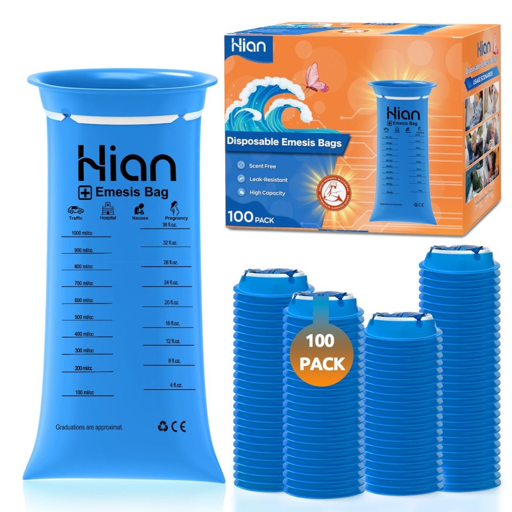 Hion Vomit Bags Disposable - 100 Pack 1000ml Emesis Bags - Leak Resistant, Medical Grade, Portable - Perfect for Motion, Car & Aircraft Sickness, Pregnant Women