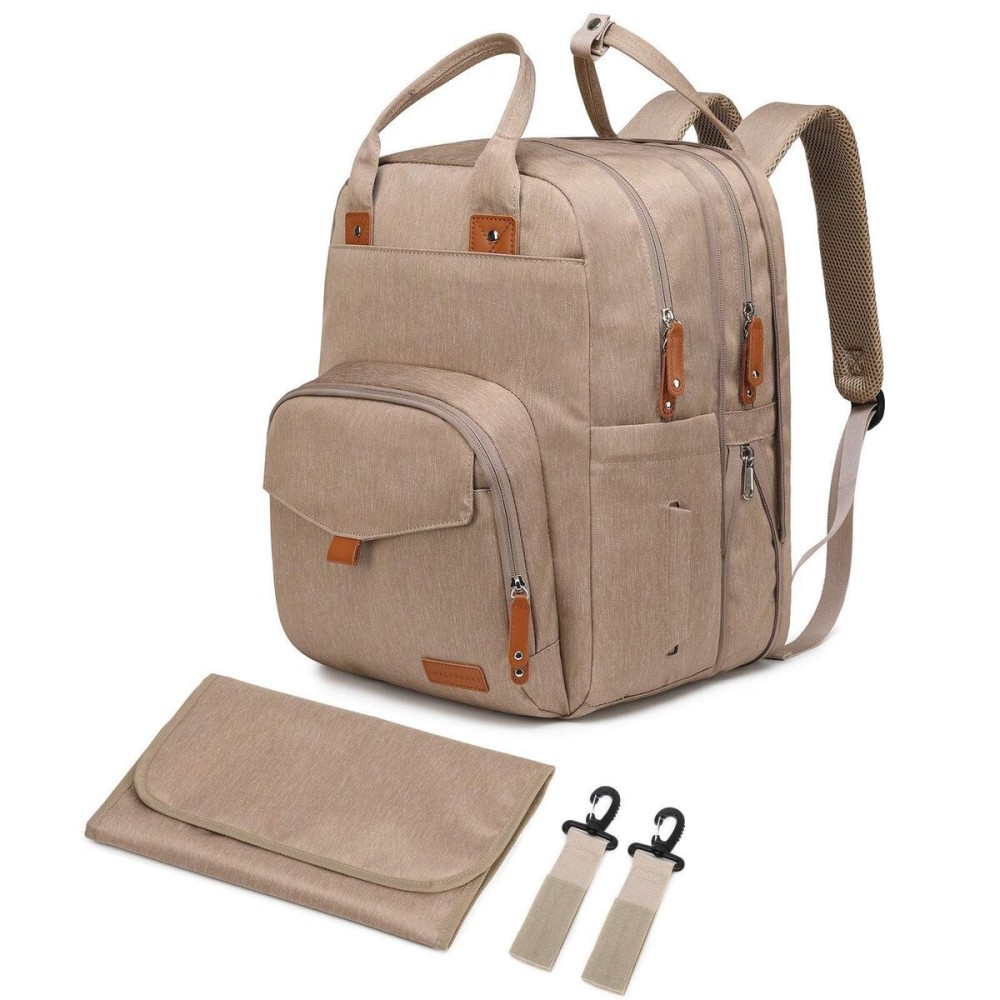Qualyphant Large Diaper Bag Backpack for Two Kids Twins - Expandable Baby Bag (26-36L), Dual Big Compartments - Includes Changing Pad & Stroller Straps, Unisex Premium Khaki