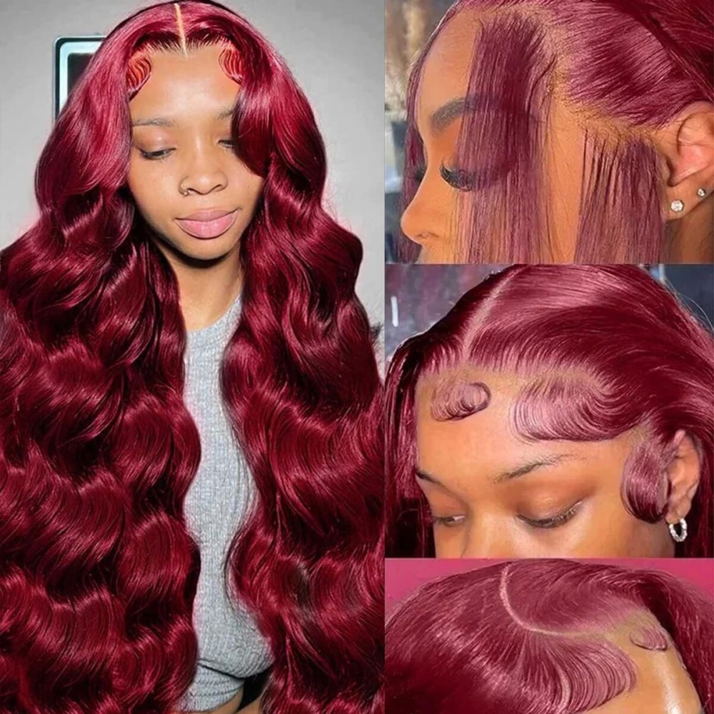 QZOQZO 99j Burgundy Lace Front Wigs Human Hair 13x6 Body Wave Lace Front Wigs Human Hair Pre Plucked Glueless Red Wig Wine Red Lace Front Wigs for Women Reddish Brown 180% Density 22Inch