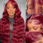 QZOQZO 99j Burgundy Lace Front Wigs Human Hair 13x6 Body Wave Lace Front Wigs Human Hair Pre Plucked Glueless Red Wig Wine Red Lace Front Wigs for Women Reddish Brown 180% Density 20Inch