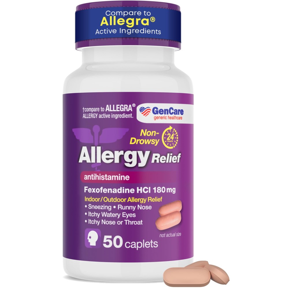 GenCare - Allergy Relief Pills | Fexofenadine HCl 180mg 50 Tablets | Non Drowsy Antihistamine Allergy Pills for Hay Fever, Seasonal Allergies, Outdoor & Indoor Allergies | Relieves Itchy Eyes & Nose