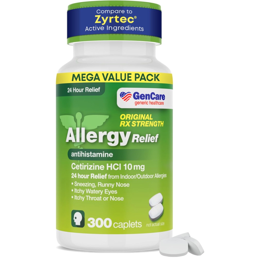 GenCare - Cetirizine HCL 10 mg (300 Caplets) - 24 Hour Allergy Relief Pills - Non Drowsy Generic OTC Allergy Medication - Antihistamine Medicine for Sneezing, Runny Nose & Itchy Eyes - Generic Zyrtc