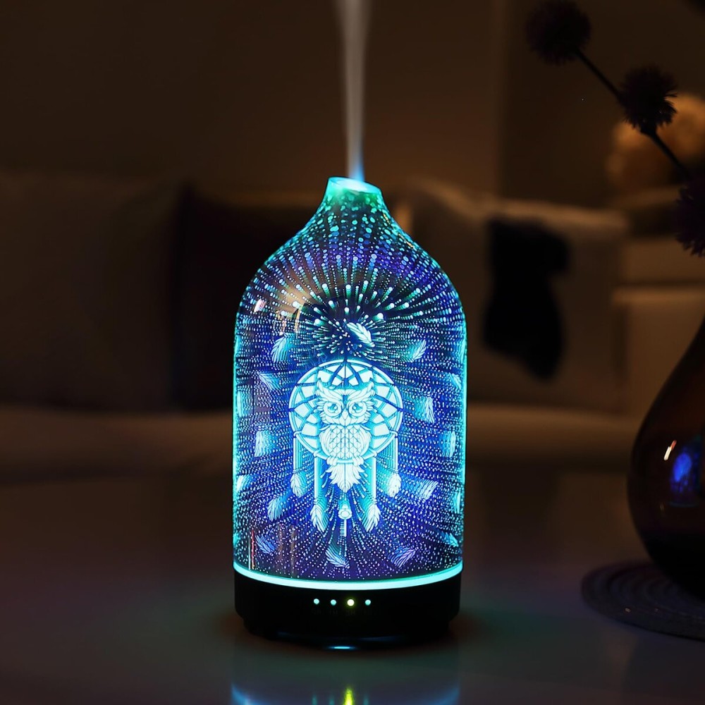 INRORANS 3D Glass owl Aromatherapy Diffuser 160ml ultrasonic Cool Mist Scent Aroma Essential Oil Diffuser Humidifier with Intermittent Mist & LED 7 Colorful Changing Night Light for Bedroom Home