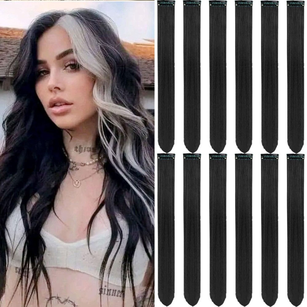 Olldag 12 PCS Black Hair Extensions Clip in, 22 Inch Colored Hair Extensions Party Highlights Long Straight Synthetic Hairpieces for Women Kids Girls