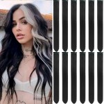 Olldag 12 PCS Black Hair Extensions Clip in, 22 Inch Colored Hair Extensions Party Highlights Long Straight Synthetic Hairpieces for Women Kids Girls
