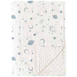 Konssy Baby Blankets for Unisex Boys Girls, Super Soft Nursery Minky Blankets with Muslin Cotton Front and Dotted Fleece Backing, Printed Bed Throws Newborn