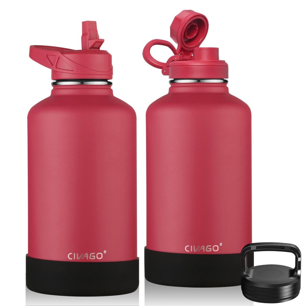 CIVAGO 64 oz Insulated Water Bottle With Straw, Half Gallon Stainless Steel Sports Water Flask Jug with 3 Lids (Straw, Spout and Handle Lid), Large Metal Thermal Cup Mug, Classic Red