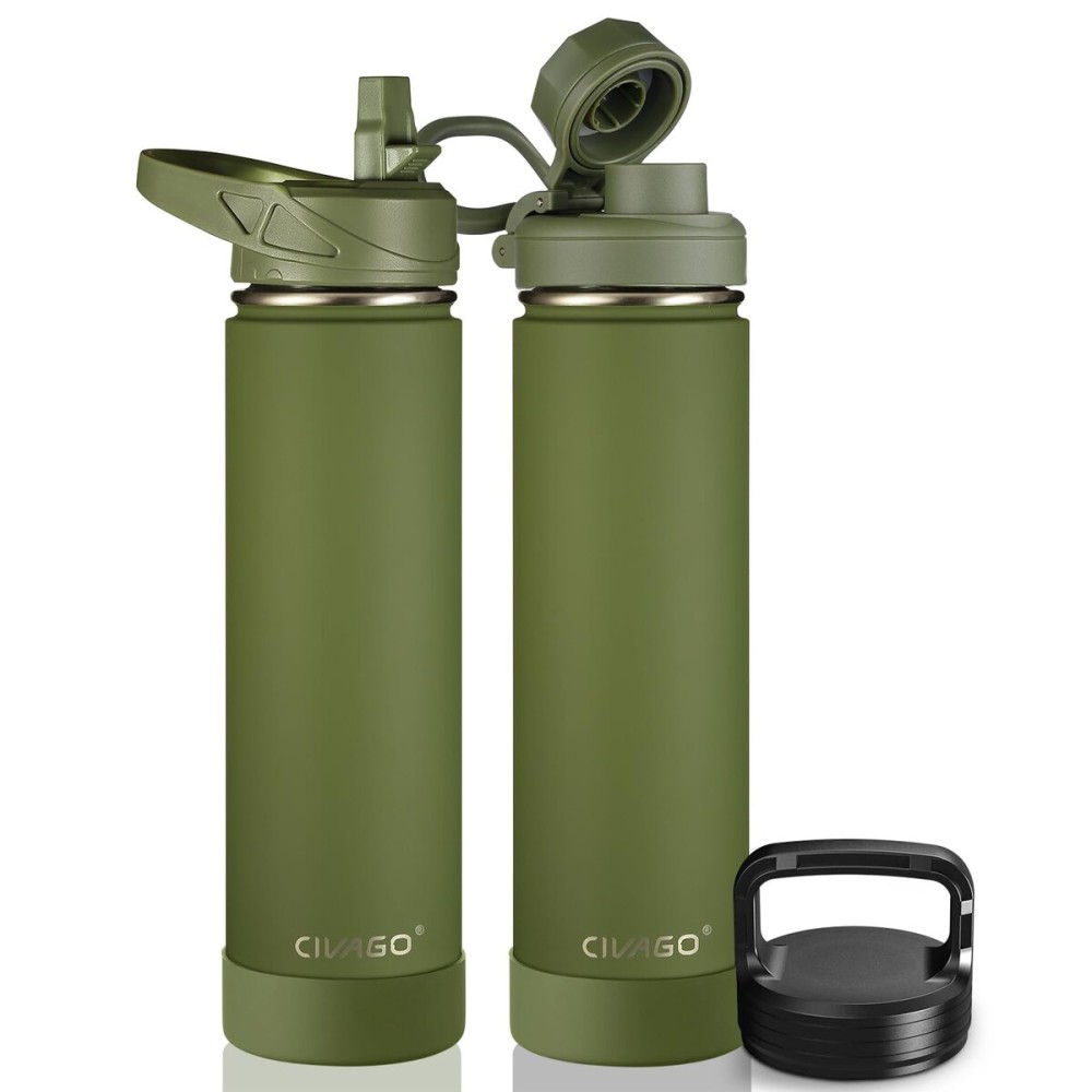 CIVAGO 24 oz Insulated Water Bottle With Straw, Stainless Steel Sports Water Flask Cup with 3 Lids (Straw, Spout and Handle Lid), Double Walled Travel Thermal Canteen Mug, Army Green