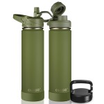 CIVAGO 24 oz Insulated Water Bottle With Straw, Stainless Steel Sports Water Flask Cup with 3 Lids (Straw, Spout and Handle Lid), Double Walled Travel Thermal Canteen Mug, Army Green
