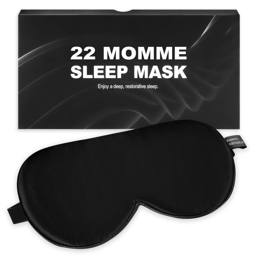 Silk Sleep Mask 100% 22 Momme Mulberry, Sleep Eye Mask for Women Men, Blackout Blindfold with Adjustable Strap, Side Sleeper Eye Cover, Soft Eyeshade Filled with Premium Mulberry Silk (Black)