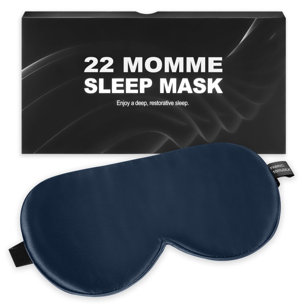 Silk Sleep Mask 100% 22 Momme Mulberry, Sleep Eye Mask for Women Men, Blackout Blindfold with Adjustable Strap, Side Sleeper Eye Cover, Soft Eyeshade Filled with Premium Mulberry Silk (Blue)