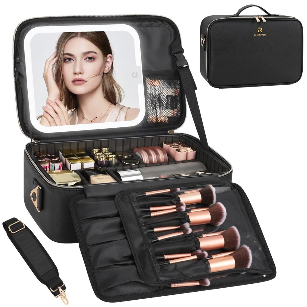 Chomeiu Makeup Bag with LED Mirror, Large Travel Cosmetic Train Case for Women, Makeup Artists Large Organizer Box with Vanity Light Up Mirror, 3 Color Lights, Adjustable Dividers (Black)