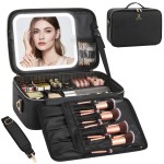 Chomeiu Makeup Bag with LED Mirror, Large Travel Cosmetic Train Case for Women, Makeup Artists Large Organizer Box with Vanity Light Up Mirror, 3 Color Lights, Adjustable Dividers (Black)