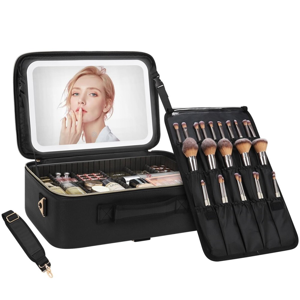 Chomeiu Makeup Bag with LED Mirror, Large Train Case for Makeup Artists, 16.2 inches Travel Professional Cosmetic Organizer with Light Up Mirror, 3 Color Lights, Brush Holder & Shoulder Strap (Black)