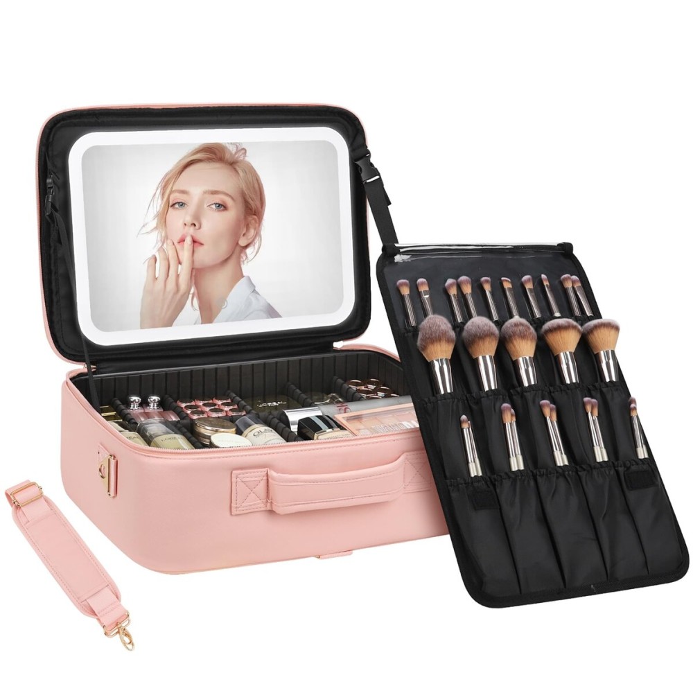 Chomeiu Makeup Bag with LED Mirror, Large Train Case for Makeup Artists, 16.2 inches Travel Professional Cosmetic Organizer with Light Up Mirror, 3 Color Lights, Brush Holder & Shoulder Strap (Pink)