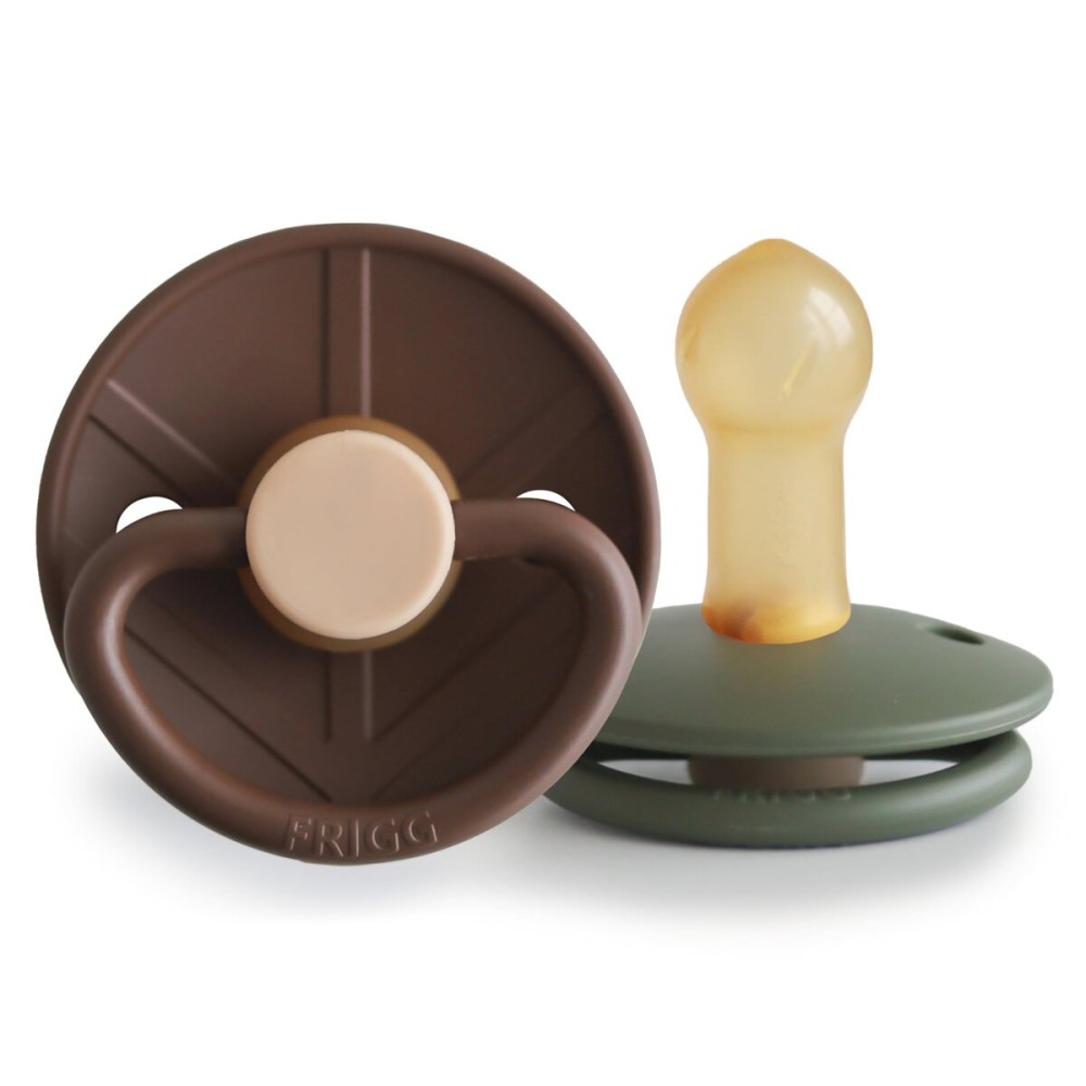 FRIGG Little Viking Natural Rubber Baby Pacifier 2-Pack | Made in Denmark | BPA-Free (Cocoa/Olive, 6-18 Months)