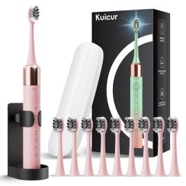Kuicur Sonic Electric Toothbrush for Adults & Kids, Rechargeable Electric Toothbrush with 10 Brush Heads & Travel Case, Teeth Whitening, Power Tooth Brush with Holder, Charge for 120 Days - Pink